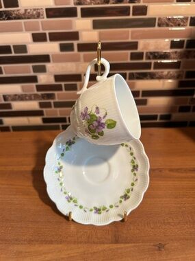 White Porcelain Teacup & Saucer with Purple Floral Violets